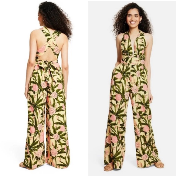 Agua Bendita x Target Peony Botanical Print Jumpsuit‎ Yellow/Dark Olive - Picture 1 of 12